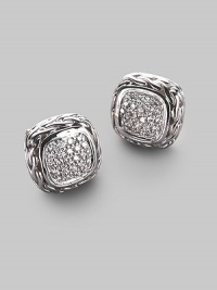 A striking square of textured sterling silver, richly set with a center of pavé diamonds with accents of 18k white gold. Diamonds 0.34 tcw Sterling silver and 18k white gold About ½ square Post back Imported A striking square of textured sterling silver, richly set with a center of pavé diamonds with accents of 18k white gold. Diamonds 0.34 tcw Sterling silver and 18k white gold About ½ square Post back Imported