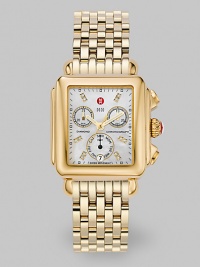 From the Deco Day Collection. A modern shape in goldplated stainless steel with a lustrous mother-of-pearl dial, chronograph functions and sparkling diamond accents.