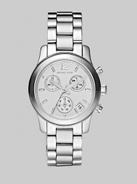 Sleek and simple stainless steel chronograph on an elegant link bracelet.Quartz movement Water-resistant to 10ATM Polished bezel Round stainless steel case, 33mm (1.3) Silvertone dial with Arabic 12:00 and bar hour markers Three chronograph sub dials Date display at 4 o'clock Second hand Stainless steel link bracelet Imported Sleek and simple stainless steel chronograph on an elegant link bracelet.Quartz movement Water-resistant to 10ATM Polished bezel Round stainless steel case, 33mm (1.3) Silvertone dial with Arabic 12:00 and bar hour markers Three chronograph sub dials Date display at 4 o'clock Second hand Stainless steel link bracelet Imported