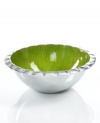 Full of surprises, this handcrafted salad bowls set from the Simply Designz collection of serveware and serving dishes pairs sleek, polished aluminum with a fluted edge and electric lemongrass hue. A beautiful way to serve greens, pasta and more.