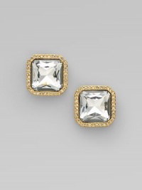 A simply chic piece with an arresting, faceted stone and pavé accents in a modern, rounded square shape. 12k goldplated white metalGlass stonesSize, about ½Post backImported A simply chic piece with an arresting, faceted stone and pavé accents in a modern, rounded square shape. 12k goldplated white metalGlass stonesSize, about ½Post backImported