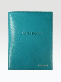 Essential for the world traveler, this soft cover is crafted of hand-stained Italian leather. About 4 X 6 Made in USAFOR PERSONALIZATIONSelect a color and quantity, then scroll down and click on PERSONALIZE & ADD TO BAG to choose and preview your personalization options. Please allow 1 week for delivery.