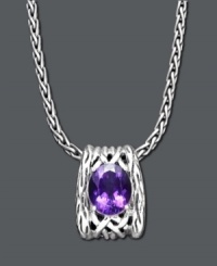 Brilliant color meets innovative design. Necklace from Balissima by Effy Collection features an oval-cut amethyst (4-1/10 ct. t.w.) perched atop a woven basket of sterling silver. Approximate length: 16 inches. Approximate drop: 9/10 inch. Brilliant color meets innovative design. Necklace from Balissima by Effy Collection features an oval-cut amethyst (4-1/10 ct. t.w.) perched atop a woven basket of sterling silver. Approximate length: 16 inches. Approximate drop: 9/10 inch.