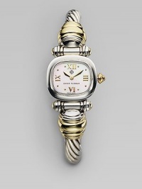 Signature style elements, brought together with the master's touch, in radiant sterling silver and 18K yellow gold. Swiss quartz movement Rounded square sterling silver case, 21mm White mother-of-pearl dial with golden Roman numerals and hour markers Scratch-resistant sapphire crystal 18K gold crown Sterling silver cable bracelet with 18K gold accents, 7mm Water-resistant to three ATM Imported Signature style elements, brought together with the master's touch, in radiant sterling silver and 18K yellow gold. Swiss quartz movement Rounded square sterling silver case, 21mm White mother-of-pearl dial with golden Roman numerals and hour markers Scratch-resistant sapphire crystal 18K gold crown Sterling silver cable bracelet with 18K gold accents, 7mm Water-resistant to three ATM Imported