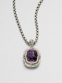 From the Labyrinth Collection. A stunning, faceted amethyst stone surrounded by sparkling diamonds set in sleek sterling silver on an iconic cable bale. AmethystDiamonds, .19 tcwSterling silverSize, about .55Fixed baleImported Please note: Chain sold separately. From the Labyrinth Collection. A stunning, faceted amethyst stone surrounded by sparkling diamonds set in sleek sterling silver on an iconic cable bale. AmethystDiamonds, .19 tcwSterling silverSize, about .55Fixed baleImported Please note: Chain sold separately.