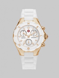 A sporty chronograph timepiece with rose goldplated stainless steel accents and silicone strap.Swiss quartz movement Water resistant to 5 ATM Logo bezel Round, rose goldplated stainless steel case, 40mm, (1.49) K-1 mineral crystal White chronograph dial Arabic numeral hour markers Second hand Silicone strap Imported 
