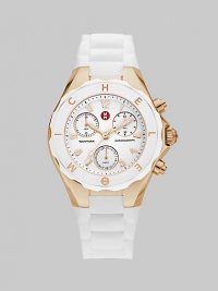 A sporty chronograph timepiece with rose goldplated stainless steel accents and silicone strap.Swiss quartz movement Water resistant to 5 ATM Logo bezel Round, rose goldplated stainless steel case, 40mm, (1.49) K-1 mineral crystal White chronograph dial Arabic numeral hour markers Second hand Silicone strap Imported A sporty chronograph timepiece with rose goldplated stainless steel accents and silicone strap.Swiss quartz movement Water resistant to 5 ATM Logo bezel Round, rose goldplated stainless steel case, 40mm, (1.49) K-1 mineral crystal White chronograph dial Arabic numeral hour markers Second hand Silicone strap Imported