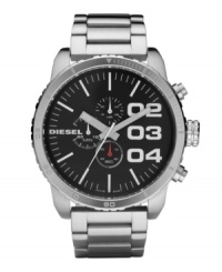 Get your point across with this larger-than-life watch by Diesel. Stainless steel bracelet and oversized round case, 52mm. Black chronograph dial features silver tone numerals, stick indices, minute track, three subdials, luminous hands and logo. Quartz movement. Water resistant to 50 meters. Two-year limited warranty. Get your point across with this larger-than-life watch by Diesel. Stainless steel bracelet and oversized round case, 52mm. Black chronograph dial features silver tone numerals, stick indices, minute track, three subdials, luminous hands and logo. Quartz movement. Water resistant to 50 meters. Two-year limited warranty.