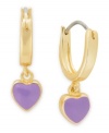 Share the love. Lily Nily's children's drop hoop earrings are set in 18k gold over sterling silver with purple enamel hearts adding a vibrant touch. Item comes packaged in a signature Lily Nily Gift Box. Approximate drop: 3/4 inch. Approximate width: 1/4 inch.