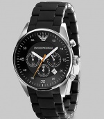 A timeless look with a modern touch, designed in solid stainless steel with three-eye chronograph functionality and a silicon-wrapped bracelet Quartz movement Water-resistant to 5ATM/50m Stainless steel case, 43mm, 1.69 Silicon bracelet, 23mm wide, .91 Black dial Date display Imported 