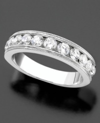 A timeless treasure featuring a solid row of sparkle. Accessorize your engagement ring with this elegant wedding band. Crafted in 14k white gold, ring features round-cut channel-set diamond (3/4 ct. t.w.). A timeless treasure featuring a solid row of sparkle. Accessorize your engagement ring with this elegant wedding band. Crafted in 14k white gold, ring features round-cut channel-set diamond (3/4 ct. t.w.).