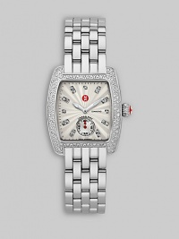 A stunning stainless steel design with guilloche dial and diamond pavé bezel.Swizz quartz movement Water resistant to 5 ATM Diamond pavé bezel, 0.74 tcw Stainless steel rectangular case, 29mm x 35mm, (1.14 x 1.37) Sapphire crystal Guilloche dial Second sub-dial Diamond hour markers Bracelet link strap, 16mm, (0.63) Imported A stunning stainless steel design with guilloche dial and diamond pavé bezel.Swizz quartz movement Water resistant to 5 ATM Diamond pavé bezel, 0.74 tcw Stainless steel rectangular case, 29mm x 35mm, (1.14 x 1.37) Sapphire crystal Guilloche dial Second sub-dial Diamond hour markers Bracelet link strap, 16mm, (0.63) Imported