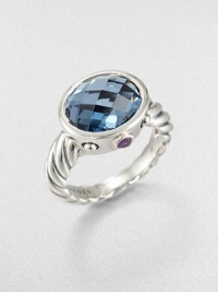 A faceted Hampton blue topaz stone set in sleek sterling silver accented with amethyst and hematite on an iconic cable shank. Hampton blue topazAmethystHematiteSterling silverWidth, about .5Imported