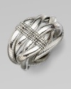 Interwoven bands of ribbed silvertone create a dramatic look, with a Swarovski crystal-set clasp.CrystalSilverplatedDiameter, about 2½Magnetic snap claspMade in Italy