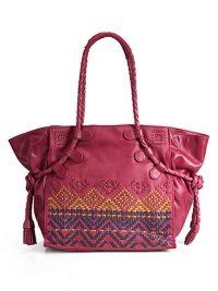 THE LOOKBraided double top handles tie at the sidesMagnetic snap top closureMulticolored woven frontFront logo-embossed leather detailOne outside open pocketTwo inside open pocketsOne inside zip pocketInside logo detailTHE MEASUREMENTDouble top handles, 1013½W X 12H X 6½DTHE MATERIALLeatherLogo printed liningORIGINImported THE LOOKBraided double top handles tie at the sidesMagnetic snap top closureMulticolored woven frontFront logo-embossed leather detailOne outside open pocketTwo inside open pocketsOne inside zip pocketInside logo detailTHE MEASUREMENTDouble top handles, 1013½W X 12H X 6½DTHE MATERIALLeatherLogo printed liningORIGINImported