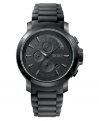 Cross over to the dark side with this handsome watch by Hugo Boss. Black silicone strap and round black ion-plated stainless steel case. Chronograph black dial with black stick indices, date window, logo and three subdials. Quartz movement. Water resistant to 50 meters. Two-year limited warranty. Cross over to the dark side with this handsome watch by Hugo Boss. Black silicone strap and round black ion-plated stainless steel case. Chronograph black dial with black stick indices, date window, logo and three subdials. Quartz movement. Water resistant to 50 meters. Two-year limited warranty.