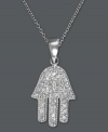 A symbol of protection. The Hamsa represents blessings, power, and strength, and is seen as potent in deflecting the evil eye. Effy Collection's sparkling design is encrusted with round-cut diamonds (1/4 ct. t.w.) and set in polished 14k white gold. Approximate length: 18 inches. Approximate drop length: 13/16 inch. Approximate drop width: 3/8 inch.