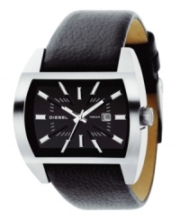 Ultrasleek and modern, this watch keeps timely style in the office and on the weekends. Black dial with silvertone markers and three-hand function. Date window. Black leather strap. 48mm case. Water resistant to 100 meters. 2-year warranty. Ultrasleek and modern, this watch keeps timely style in the office and on the weekends. Black dial with silvertone markers and three-hand function. Date window. Black leather strap. 48mm case. Water resistant to 100 meters. 2-year warranty.