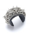 Take it to the edge in this rocker-chic cuff. Bar III's stylish bracelet features precarious spikes and sparkling glass accents for an ultimately rebellious design. Crafted in mixed metal. Approximate diameter: 2-1/4 inches.