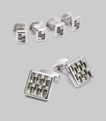 A luxury set that appoints a formal look with polished style, defined by Swarovski crystal detail in rhodium-plated metal. Set includes 2 cuff links and 4 matching shirt studs Cuff links: about ¾ square Shirt studs: about ¼ square Imported 