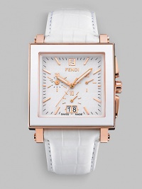 An elegant square timepiece with a ceramic bezel, 18k rose goldplated accents and full chronograph functions. An elegant square timepiece with a ceramic bezel, 18k rose goldplated accents and full chronograph functions.