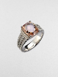 From the Petite Wheaton Collection. A pretty, faceted morganite stone flanked by dazzling diamonds set in a triple cabled, sterling silver shank. MorganiteDiamonds, .1 tcwSterling silverWidth, about .39Imported From the Petite Wheaton Collection. A pretty, faceted morganite stone flanked by dazzling diamonds set in a triple cabled, sterling silver shank. MorganiteDiamonds, .1 tcwSterling silverWidth, about .39Imported