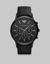 A smooth, matte dial with chronograph functionality is completed with a slightly textured leather strap bracelet.Chronograph dialRound bezelWater resistant to 5ATMDate display at 5 o'clockSecond handStainless steel case: 46mm(1.81)Leather strap braceletImported