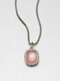 From the Noblesse Collection. A pretty pink mother-of-pearl cabochon surrounded by brilliant diamonds on a sterling silver box chain. Pink mother-of-pearlDiamonds, .3 tcwSterling silverLength, about 17Pendant size, about .47Lobster clasp closureImported From the Noblesse Collection. A pretty pink mother-of-pearl cabochon surrounded by brilliant diamonds on a sterling silver box chain. Pink mother-of-pearlDiamonds, .3 tcwSterling silverLength, about 17Pendant size, about .47Lobster clasp closureImported