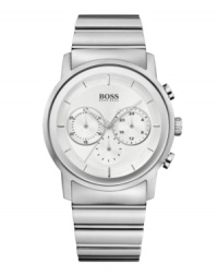Dress for success with simple style from Hugo Boss. Watch crafted of stainless steel bracelet and round case. Silver tone chronograph dial features applied silver tone stick indices, three subdials, three hands and logo at twelve o'clock. Quartz movement. Water resistant to 50 meters. Two-year limited warranty. Dress for success with simple style from Hugo Boss. Watch crafted of stainless steel bracelet and round case. Silver tone chronograph dial features applied silver tone stick indices, three subdials, three hands and logo at twelve o'clock. Quartz movement. Water resistant to 50 meters. Two-year limited warranty.