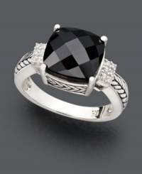 Decorate your digits in sweet, mysterious sparkle. Effy Collection ring features a square-cut onyx (5-1/5 ct. t.w.) accented by sparkling round-cut diamonds at the sides. Setting and band crafted in sterling silver with intricate engraved detailing. Decorate your digits in sweet, mysterious sparkle. Effy Collection ring features a square-cut onyx (5-1/5 ct. t.w.) accented by sparkling round-cut diamonds at the sides. Setting and band crafted in sterling silver with intricate engraved detailing.