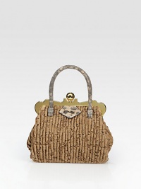 Pleated floral lace accented with sleek goldtone hardware and luxe tejus top handles. Double top handles, 4½ dropClasp closureTwo inside open pocketsSatin lining8W X 7½H X 2¾DMade in Italy Pleated floral lace accented with sleek goldtone hardware and luxe tejus top handles. Double top handles, 4½ dropClasp closureTwo inside open pocketsSatin lining8W X 7½H X 2¾DMade in Italy