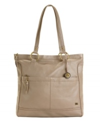 A square silhouette and antiqued brasstone hardware lend the Iris tote a classic refinement. A square silhouette and antiqued brasstone hardware lend the Iris tote a classic refinement.