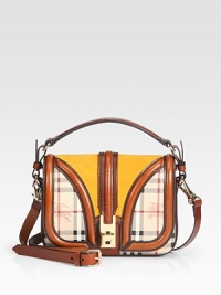 A petite colorblocked design with a chic blend of leather, suede and iconic check printed, coated canvas.Top handle, 2 dropDetachable adjustable shoulder strap, 16½-19½ dropTurnlock flap closureOne inside zip pocketTwo inside open pocketsCotton lining9½W X 7½H X 1¾DMade in Italy A petite colorblocked design with a chic blend of leather, suede and iconic check printed, coated canvas.Top handle, 2 dropDetachable adjustable shoulder strap, 16½-19½ dropTurnlock flap closureOne inside zip pocketTwo inside open pocketsCotton lining9½W X 7½H X 1¾DMade in Italy