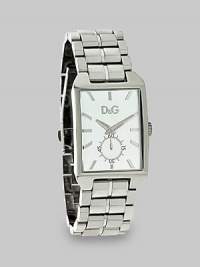 Sleek and sophisticated, a dramatic timepiece with a bold face and a stainless steel bracelet.Square bezelQuartz movementWater resistant to 5 ATMSecond indicatorStainless steel case, 31mm (1.2) X 50mm (2.0)Silver dialImported