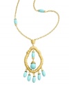 Infuse your look with a little Moroccan inspiration. T Tahari's exotic pendant from the Marrakesh Collection highlights a unique, cut-out wrapped pendant with bright turquoise resin beading. Crafted in warm gold tone mixed metal. Base metal is nickel-free for sensitive skin. Approximate length: 32 inches. Approximate drop: 3-1/2 inches.