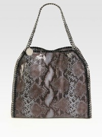 Whip stitched link chains accent this faux python print style.Double chain shoulder straps, 8 dropMagnetic snap closureOne inside zip pocketFully lined14W X 13H X 3DMade in Italy Whip stitched link chains accent this faux python print style.Double chain shoulder straps, 8 dropMagnetic snap closureOne inside zip pocketFully lined14W X 13H X 3DMade in Italy