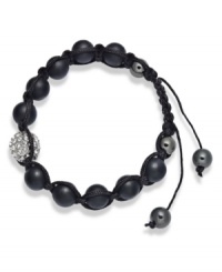 Spiritual-inspired bracelets are all the rage this season! Snap up this hot style from Ali Khan featuring semi-precious matte black agate beads and pave glass fireballs on a trendy black cord. Bracelet adjusts to fit the wrist. Approximate diameter: 2 inches. Approximate length: 12-1/4 inches. Spiritual-inspired bracelets are all the rage this season! Snap up this hot style from Ali Khan featuring semi-precious matte black agate beads and pave glass fireballs on a trendy black cord. Bracelet adjusts to fit the wrist. Approximate diameter: 2 inches. Approximate length: 12-1/4 inches.