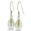 5-6mm Solitaire White Drop Freshwater Pearl Silver Plated Dangle Fishhook Earrings, 3/4 Inch Long