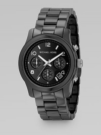 Black polished ceramic chronograph with black glossy dial. Water-resistant to 5 ATM Round case, 38mm, 1.5 Three sub dials Number and stick markers Date display Second hand Single deployant buckle Imported Black polished ceramic chronograph with black glossy dial. Water-resistant to 5 ATM Round case, 38mm, 1.5 Three sub dials Number and stick markers Date display Second hand Single deployant buckle Imported