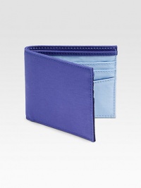 Two-tone design enhances this classic billfold wallet with two pocket sleeves and lends a vibrant, sporty feel.One billfold compartmentSix card slotsLeather4 x 4Imported