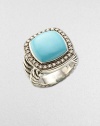 From the Moonlight Ice Collection. A beautiful turquoise center stone surrounded by dazzling diamonds sits atop a cable ring. Diamonds, .45 tcw Turquoise Blackened sterling silver Width, about ½ Imported 