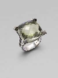 From the Cushion on Point Collection. A split cable band of sterling silver holds a faceted cushion of soft green prasiolite, with shimmering pavé diamonds at the corners. Prasiolite Diamonds, 0.12 tcw Sterling silver About ¾ square Made in USA From the Cushion on Point Collection. A split cable band of sterling silver holds a faceted cushion of soft green prasiolite, with shimmering pavé diamonds at the corners. Prasiolite Diamonds, 0.12 tcw Sterling silver About ¾ square Made in USA