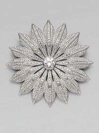 A floral design with a faceted center stone embellished in beautiful stones. Rhodium plated brassCrystalsCubic zirconiaSize, about 2½ Pin backImported A floral design with a faceted center stone embellished in beautiful stones. Rhodium plated brassCrystalsCubic zirconiaSize, about 2½ Pin backImported