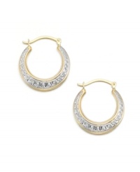 An intricate Greek Key design makes these 14k two-tone gold hoop earrings eye-catching. An intricate Greek Key design makes these 14k two-tone gold hoop earrings eye-catching.