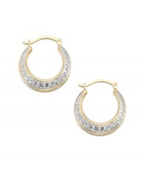 An intricate Greek Key design makes these 14k two-tone gold hoop earrings eye-catching.