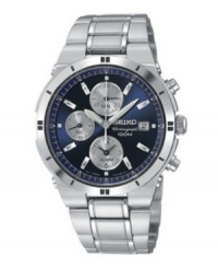 Seiko means style with this classic, handsome chronograph. Watch crafted of polished stainless steel bracelet and round case, 38mm. Bold blue chronograph dial features hours, minutes, seconds, date window, three subdials, three hands and logo. Quartz movement. Water resistant to 100 meters. Three-year limited warranty. Seiko means style with this classic, handsome chronograph. Watch crafted of polished stainless steel bracelet and round case, 38mm. Bold blue chronograph dial features hours, minutes, seconds, date window, three subdials, three hands and logo. Quartz movement. Water resistant to 100 meters. Three-year limited warranty.