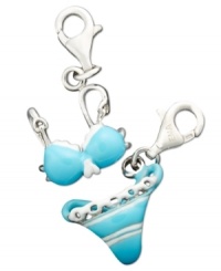 You won't have to hit the gym to wear this bikini. Charm set features a blue and white bikini top and bottom. Charms crafted in sterling silver with lobster claw clasp. Approximate drop: 1/2 inch. You won't have to hit the gym to wear this bikini. Charm set features a blue and white bikini top and bottom. Charms crafted in sterling silver with lobster claw clasp. Approximate drop: 1/2 inch.
