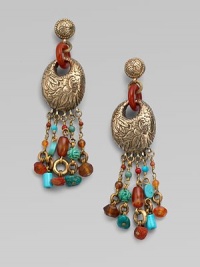 From the Trujillo Collection. Delicate tassels of richly colored and textured beads dangle delightfully from the ear.Turquoise and red agateBronzeLength, about 3Post backMade in USA From the Trujillo Collection. Delicate tassels of richly colored and textured beads dangle delightfully from the ear.Turquoise and red agateBronzeLength, about 3Post backMade in USA