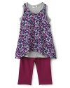 This cute tank top sports a floral overlay for a light layered look. Paired with the solid leggings, it's a complete looks she love all season.