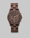 This rich, ion-plated style features a chronograph dial with a logo accented dial. Quartz movementWater resistant to 5 ATMRound ion-plated stainless steel case, 40mm (1.5)Smooth bezelBrown dialRose goldtone logo hour markersSecond hand Date display between 4 and 5 o'clockBrown ion-plated stainless steel link bracelet, 20mm wide (.7)Imported 